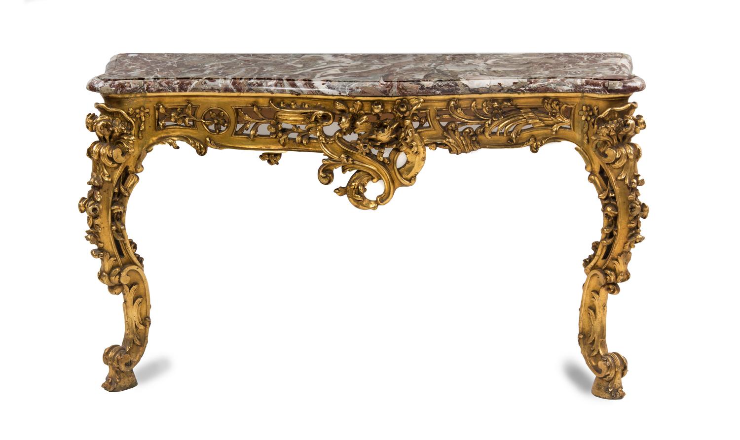 A Louis XV Style Giltwood Console Table Height 31 1/2 x width 52 x depth 16 1/4 inches.