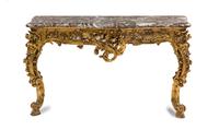 A Louis XV Style Giltwood Console Table Height 31 1/2 x width 52 x depth 16 1/4 inches.