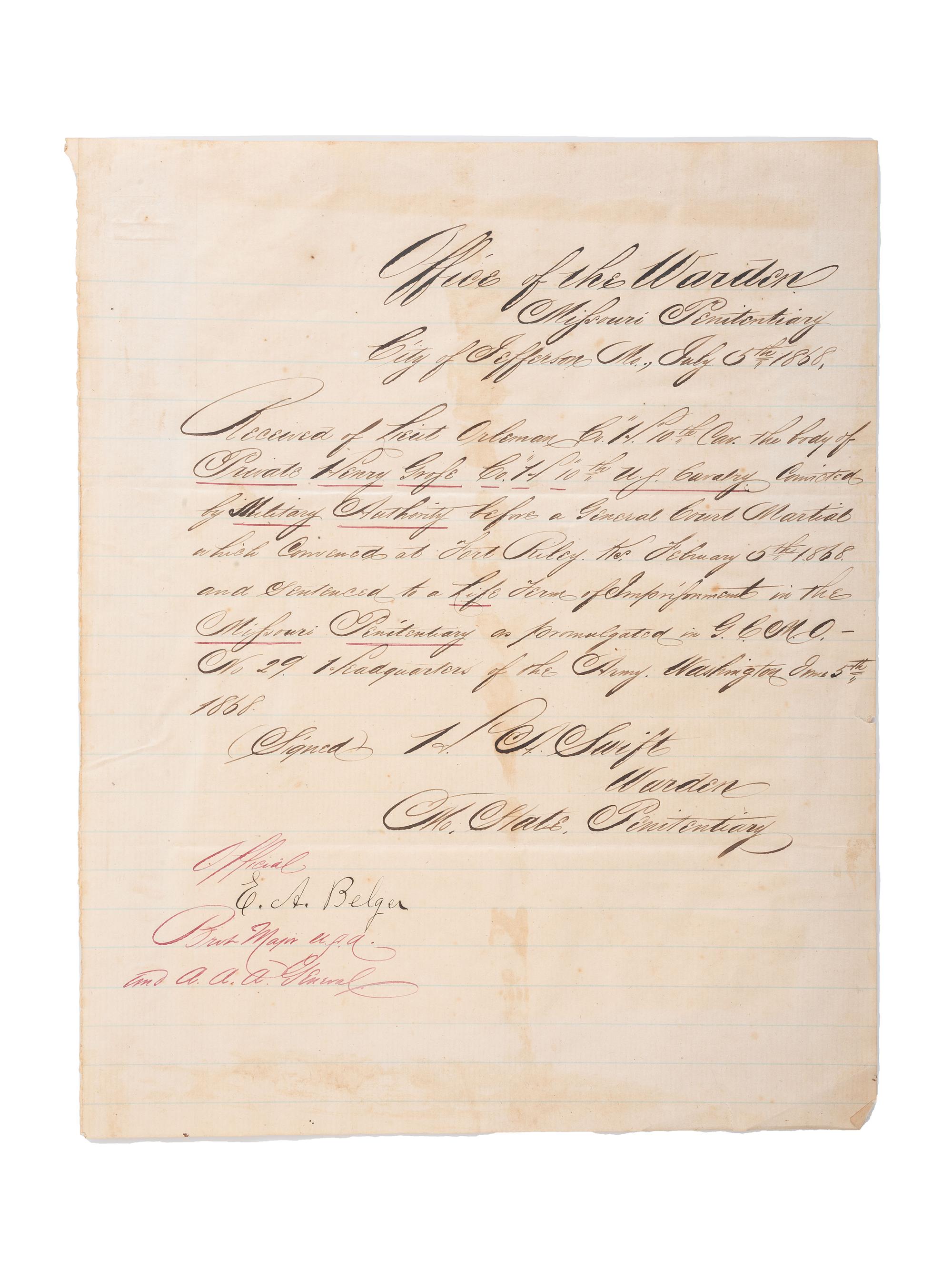 [BUFFALO SOLDIERS]. SWIFT, H.A. Autograph letter signed (" H.A. Swift), as Warden of the Missouri State Penitentiary. Jefferson City, MO, 5 July 1868.