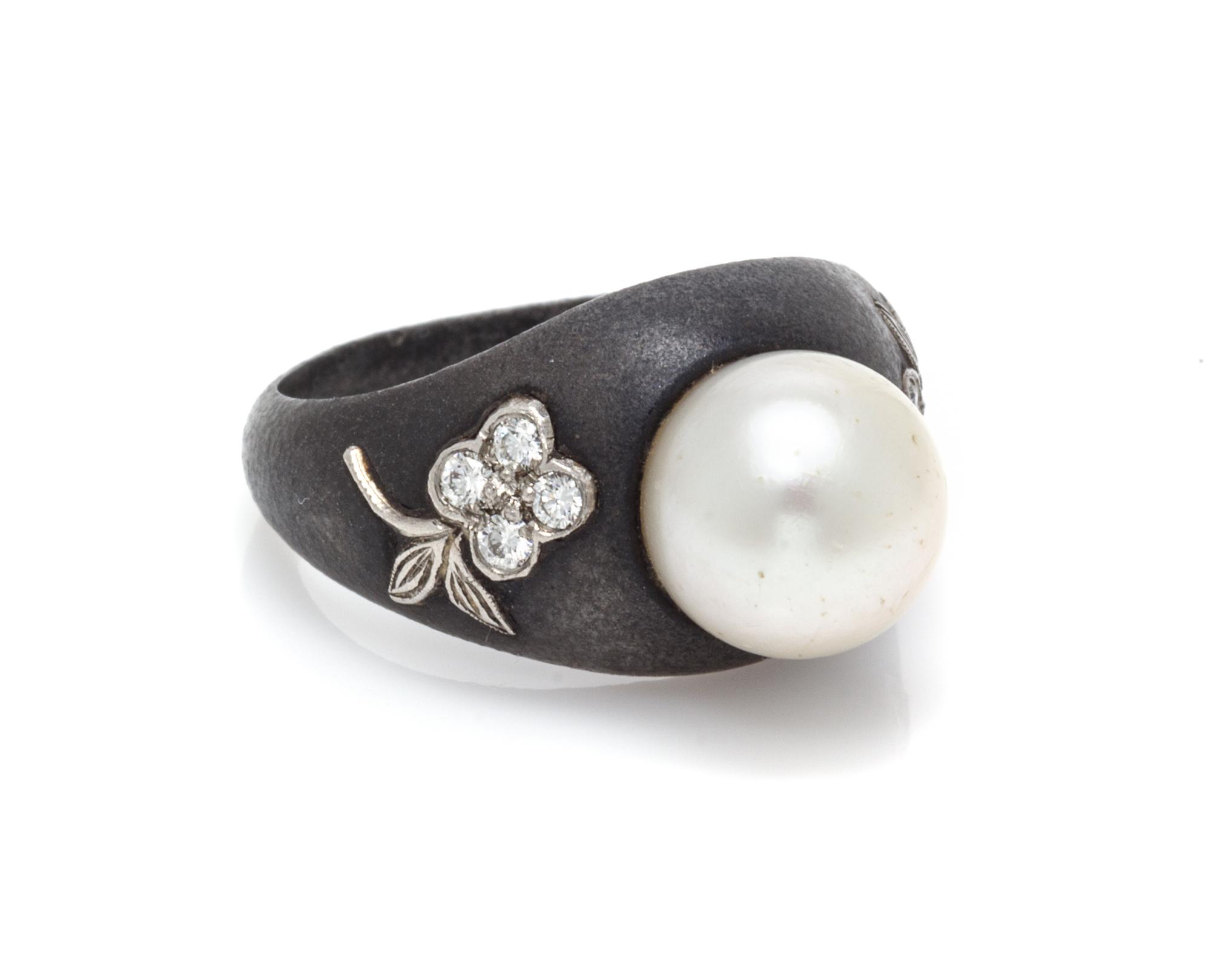An Art Moderne Blackened Steel, White Gold and Cultured Pearl Ring, Marsh & Co., 3.50 dwts.