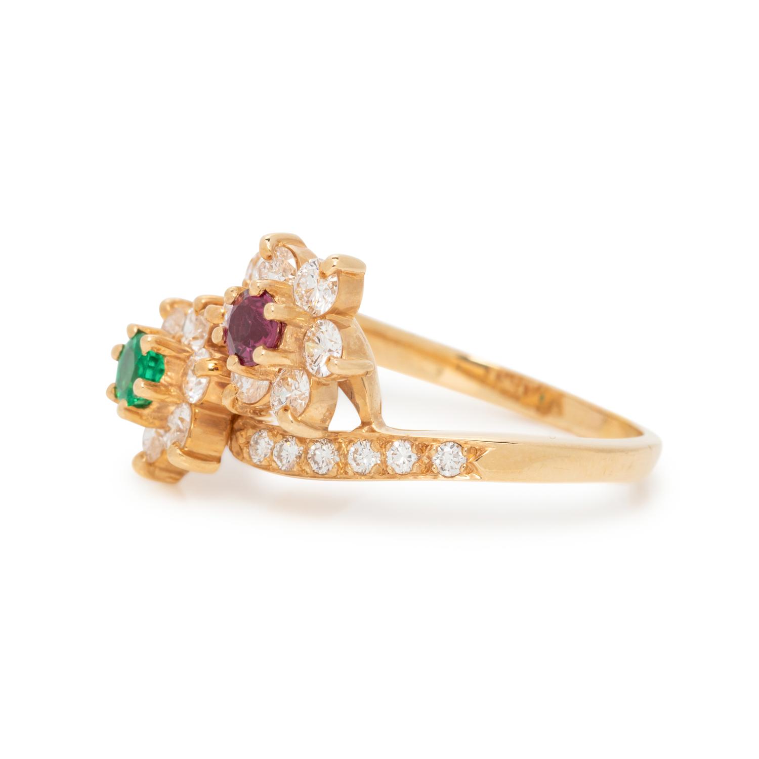 RUBY, EMERALD, AND DIAMOND FLOWER BYPASS RING
