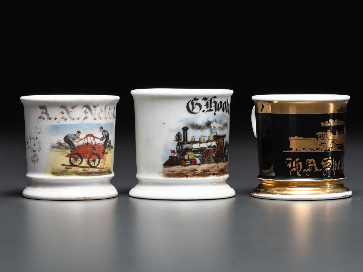 Three Railroad Worker's Porcelain Occupational Shaving Mugs