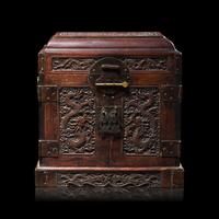 A Small Chinese Carved Hardwood Seal Chest 硬木雕雲龍紋官皮箱