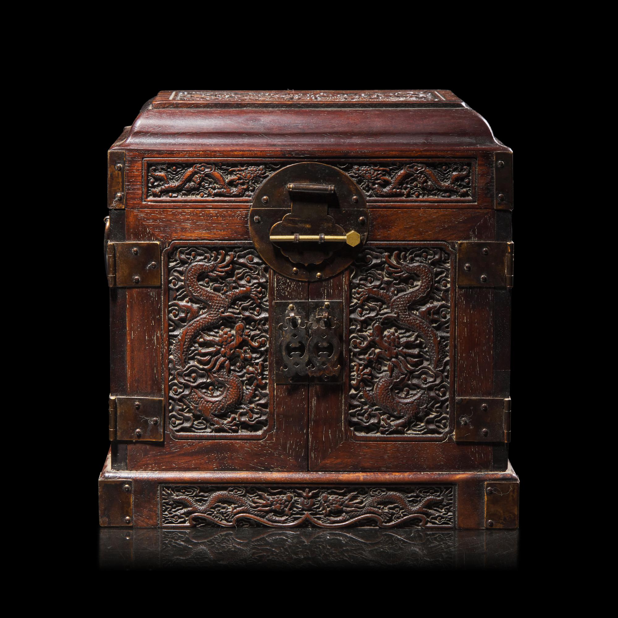 A Small Chinese Carved Hardwood Seal Chest 硬木雕雲龍紋官皮箱