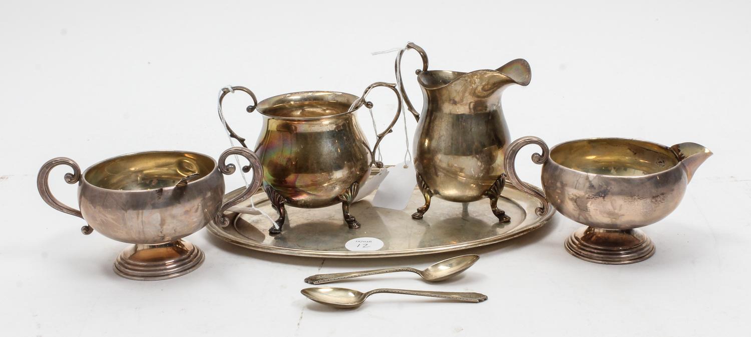 A Collection of American Silver Table Articles, various makers, comprising two creamer and sugar sets, an oval tray and four demitasse