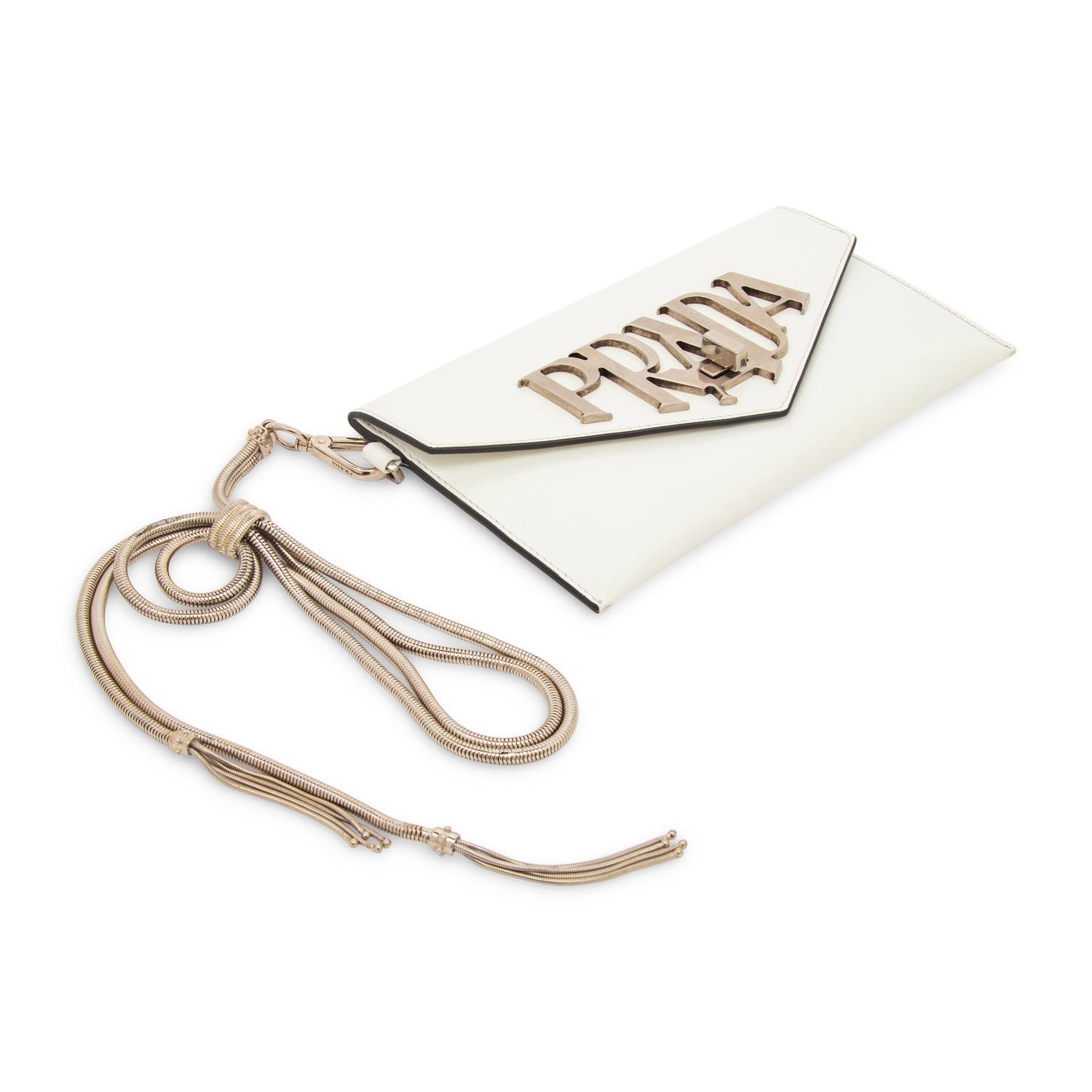 PRADA, WHITE LEATHER WRISTLET CLUTCH