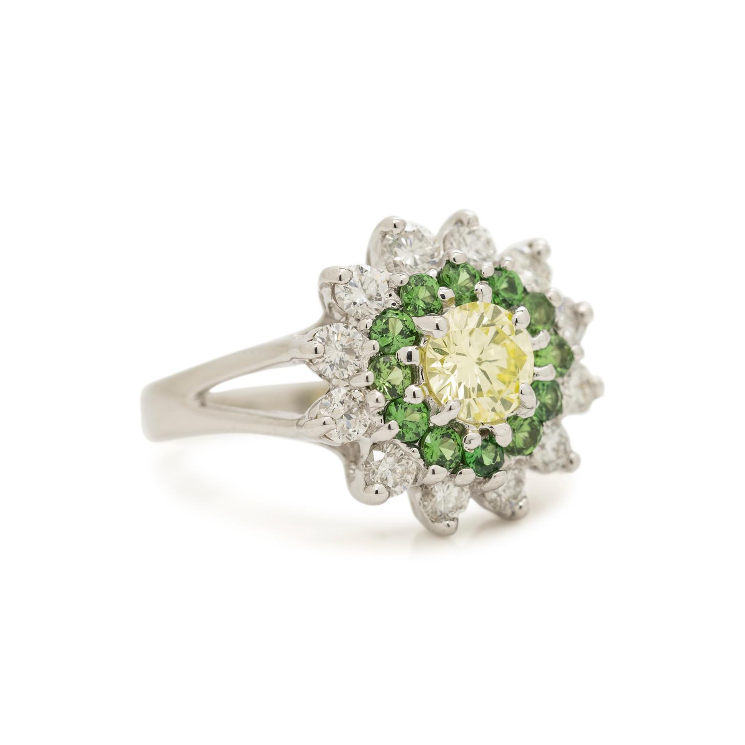 FANCY GREEN-YELLOW DIAMOND, TSAVORITE GARNET AND DIAMOND RING