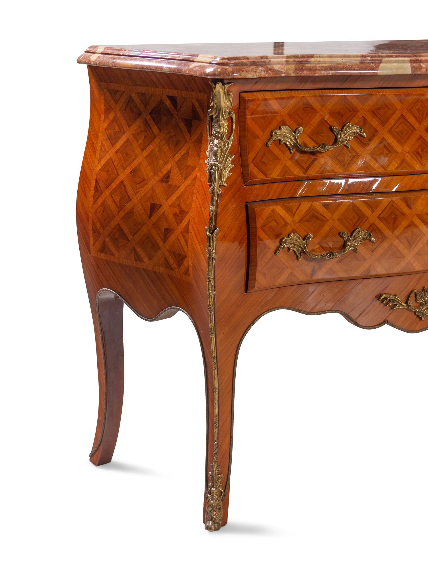 A Near Pair of Louis XV Style Gilt Metal Mounted Parquetry Marble-Top Commodes