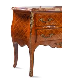 A Near Pair of Louis XV Style Gilt Metal Mounted Parquetry Marble-Top Commodes