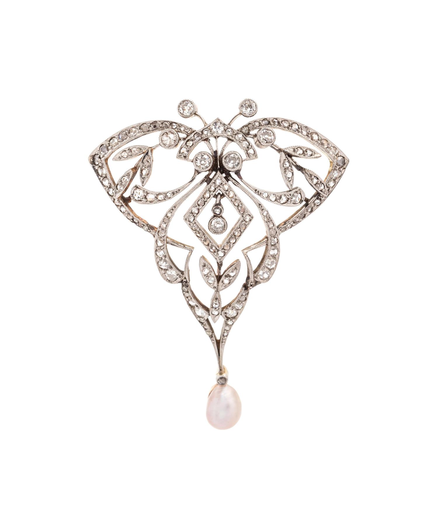 Art Nouveau, Pearl and Diamond Pendant/Brooch