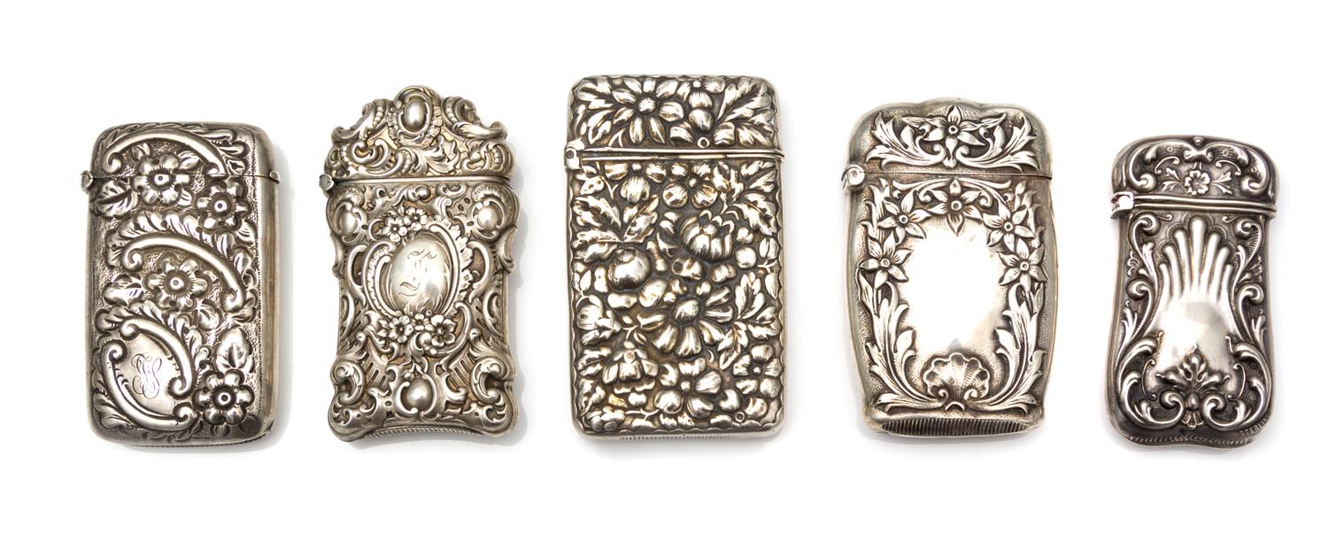 A Collection of Five American Silver Vesta Cases, Various Makers, comprising an example by Webster Co., North Attleboro, MA; an example