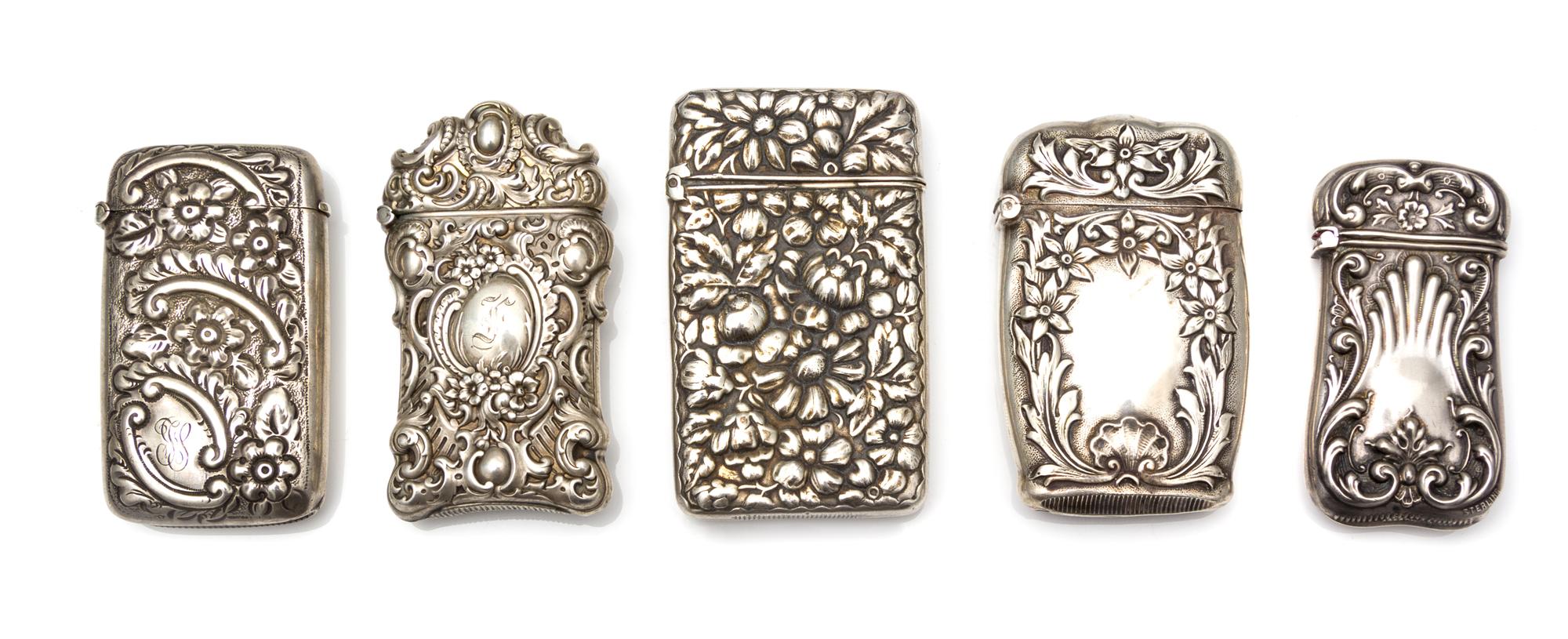 A Collection of Five American Silver Vesta Cases, Various Makers, comprising an example by Webster Co., North Attleboro, MA; an example