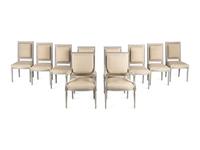A Set of Ten Louis XVI Style Gray Painted Dining Chairs