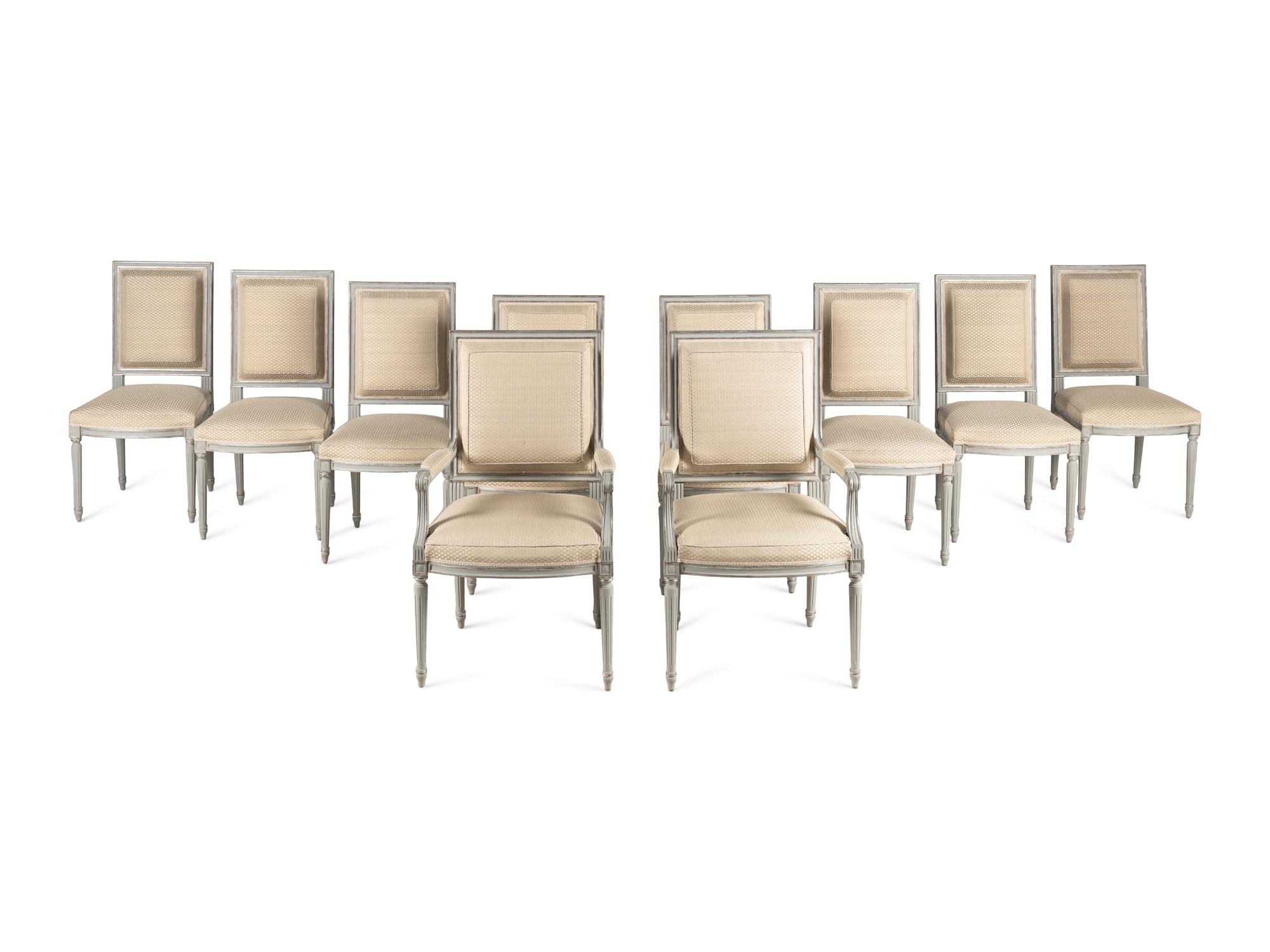 A Set of Ten Louis XVI Style Gray Painted Dining Chairs