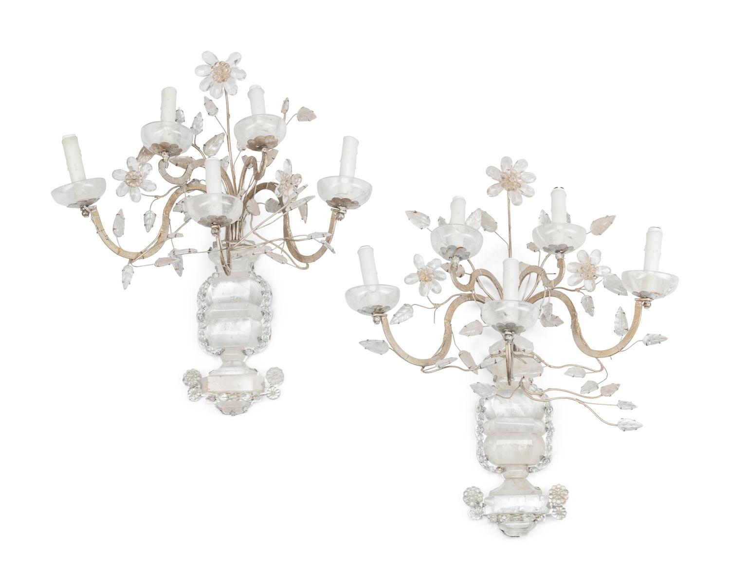 A Pair of Silvered Metal and Rock Crystal Five-Light Sconces in the Style of Maison Baguès