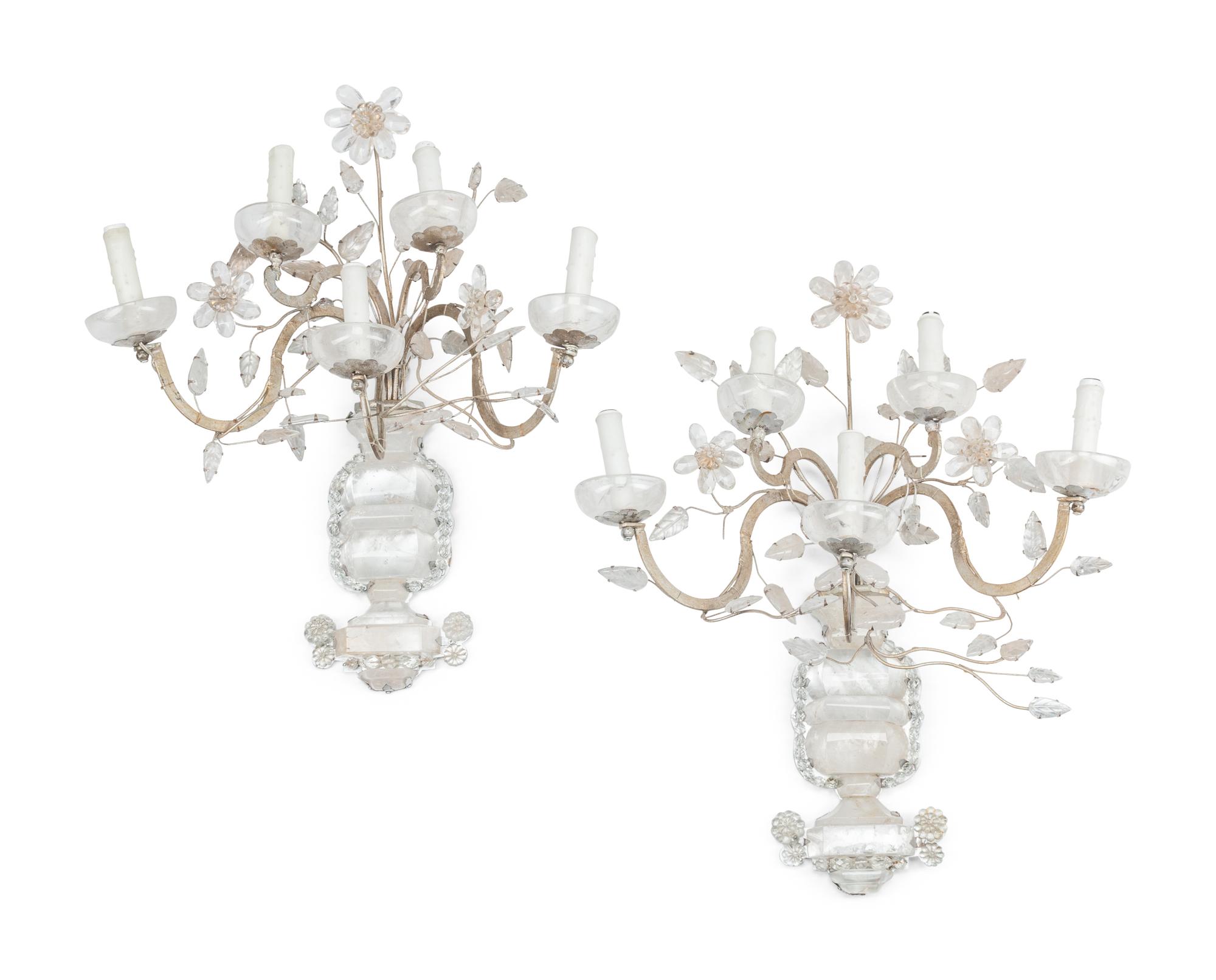 A Pair of Silvered Metal and Rock Crystal Five-Light Sconces in the Style of Maison Baguès