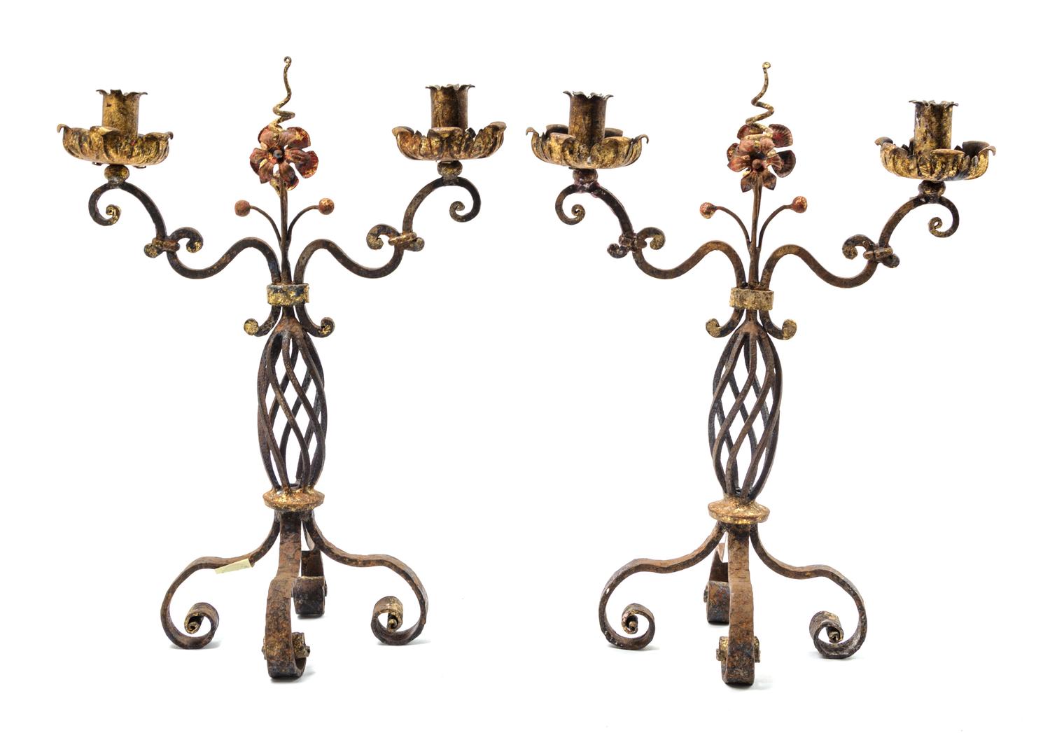 A Pair of Baroque Style Cast-and-Painted-Iron Candelabra Height 16 inches.
