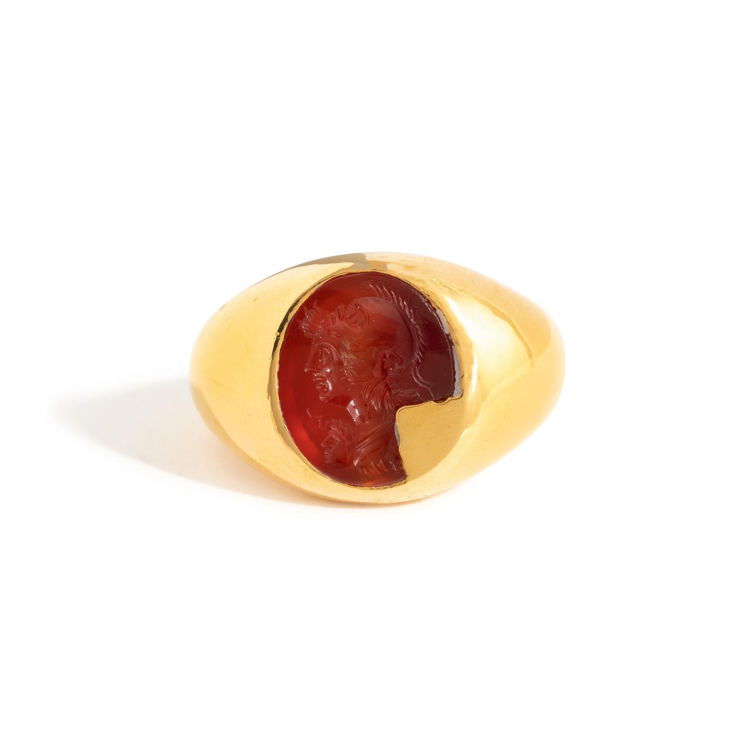 A Roman Carnelian Ring Stone with a Gryllos (Composite Figure) — Set in a solid gold ring