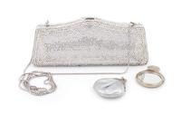 A Judith Leiber Silver Crystal Minaudiere, 3.5" H x 8" W x 1.25" D.