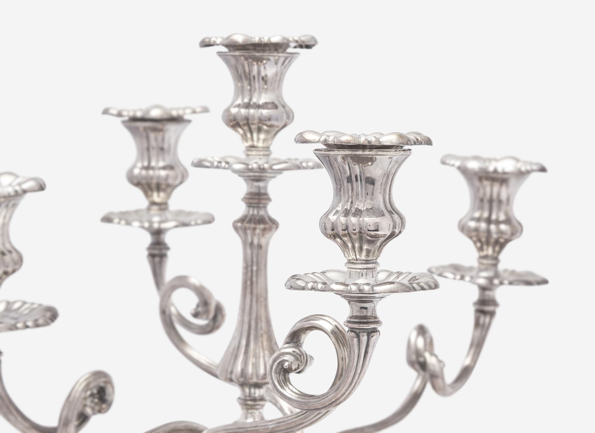 A Pair of Elkington and Co. Silver-Plate Five-Light Candelabra