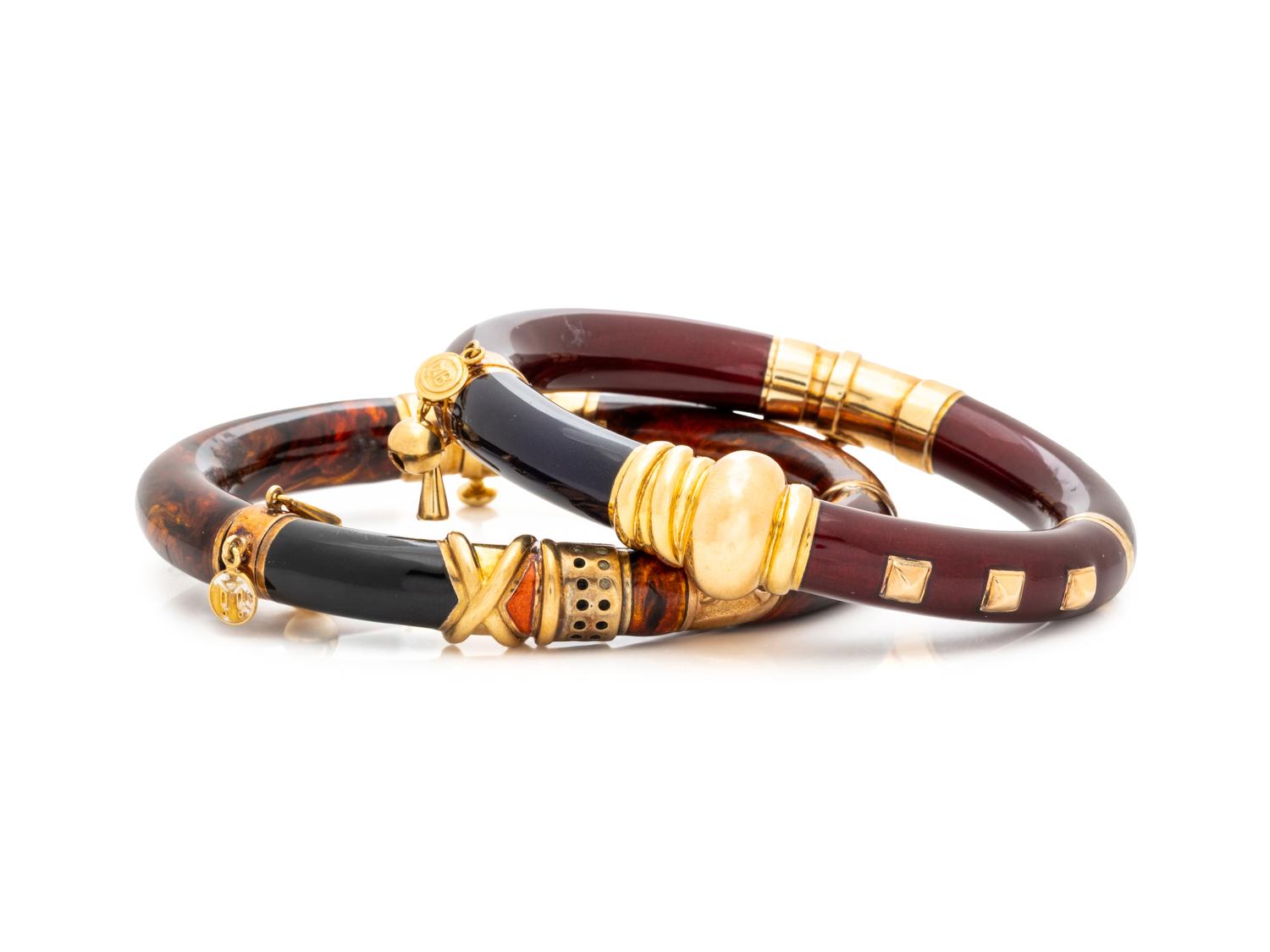 LA NOUVELLE BAGUE, PAIR OF STERLING SILVER, YELLOW GOLD-TOPPED SILVER AND ENAMEL BANGLE BRACELETS