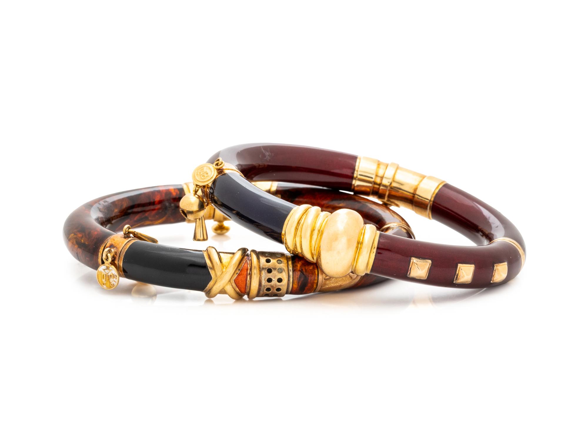 LA NOUVELLE BAGUE, PAIR OF STERLING SILVER, YELLOW GOLD-TOPPED SILVER AND ENAMEL BANGLE BRACELETS