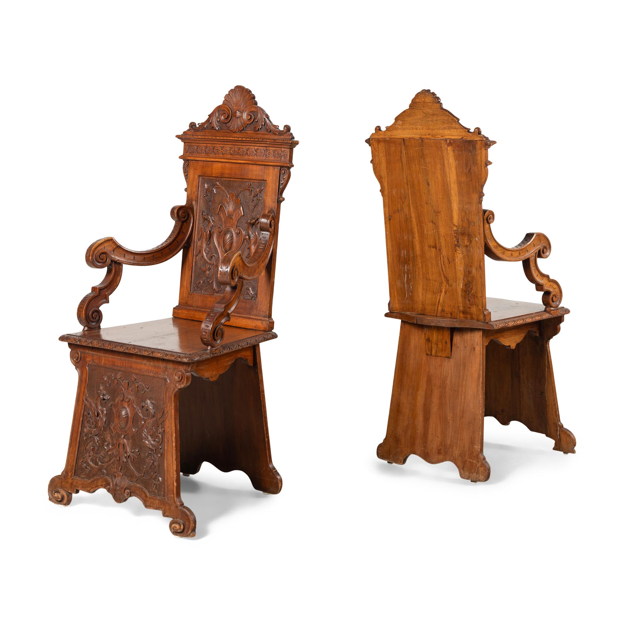 A Set of Six Italian Carved Walnut Armchairs