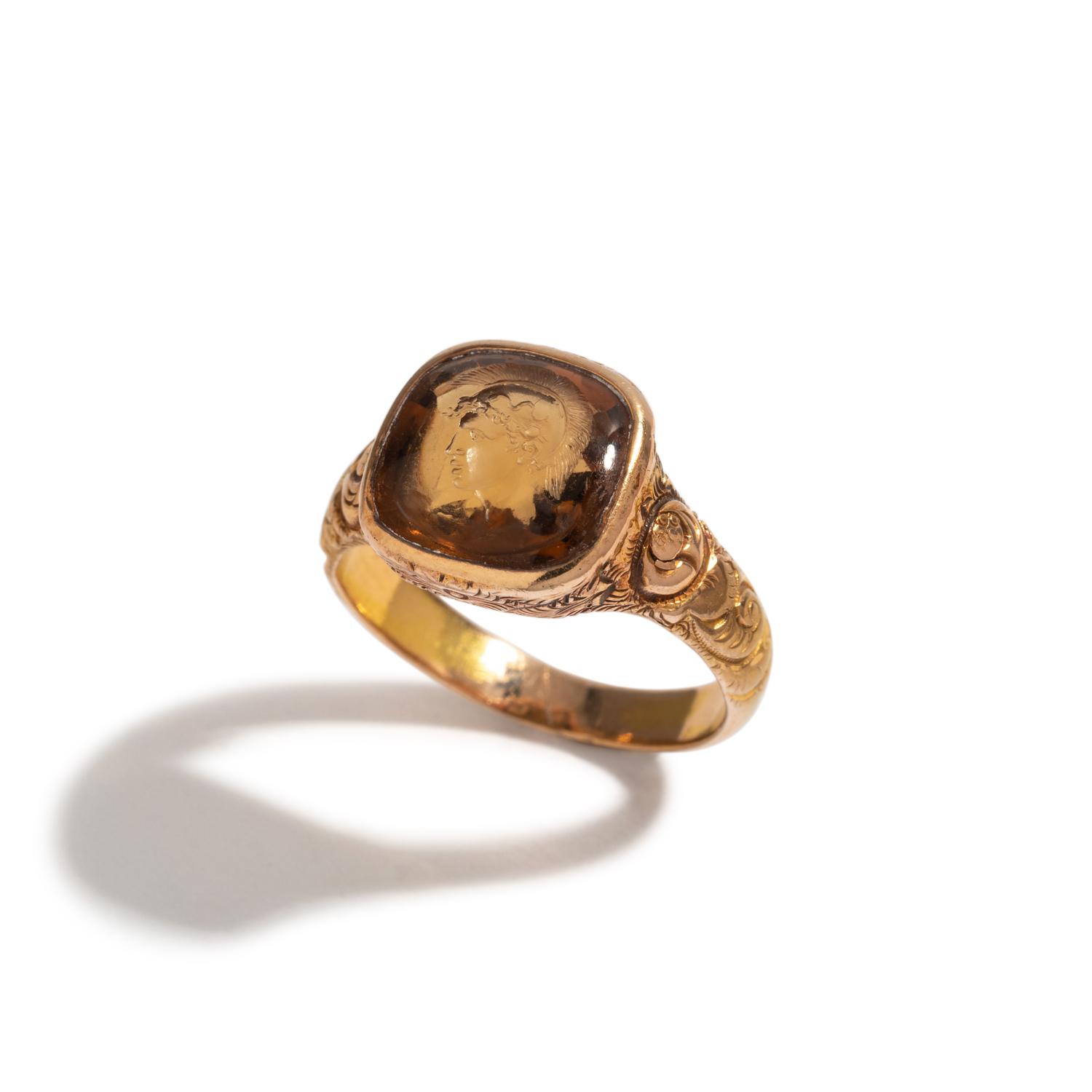A Neoclassical Gold and Citrine Finger Ring with the God Ares