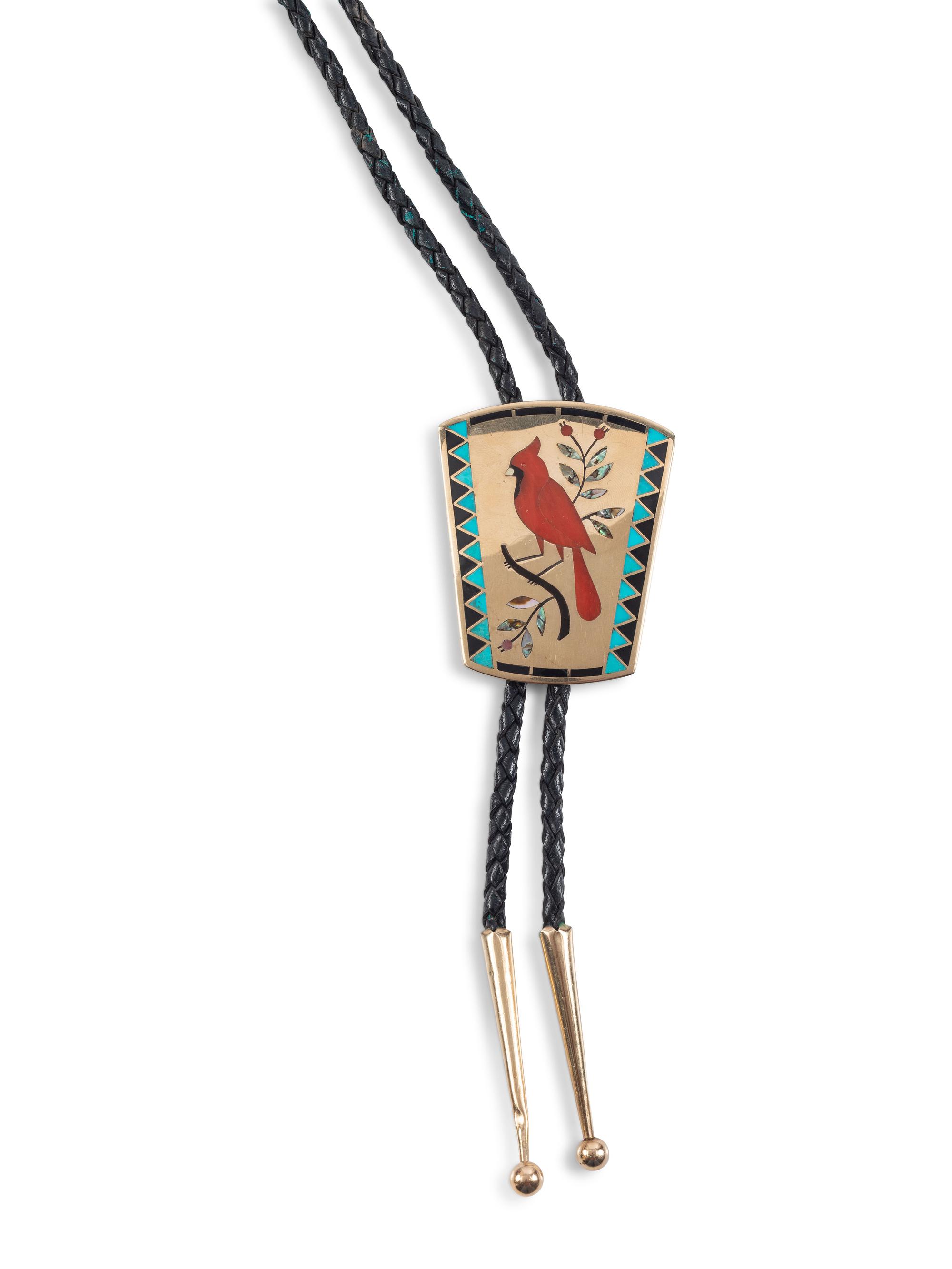 14k Gold and Mosaic Inlay Cardinal Bolo Tie