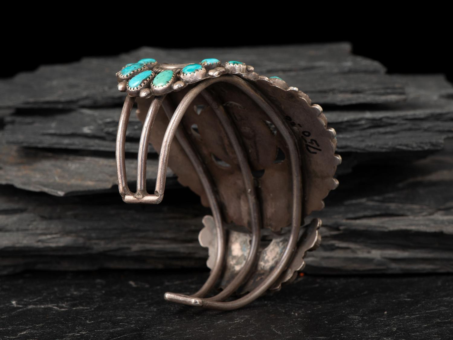 Navajo or Zuni Silver and Turquoise Cluster Cuff Bracelet