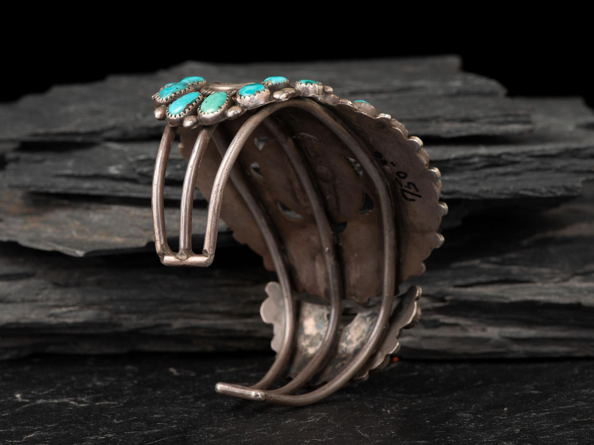 Navajo or Zuni Silver and Turquoise Cluster Cuff Bracelet