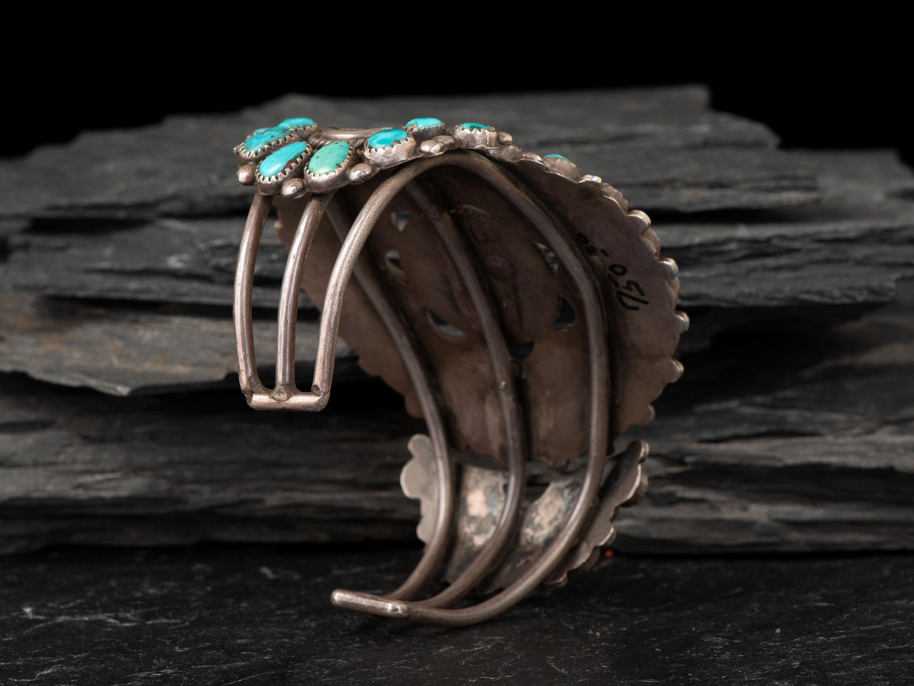 Navajo or Zuni Silver and Turquoise Cluster Cuff Bracelet
