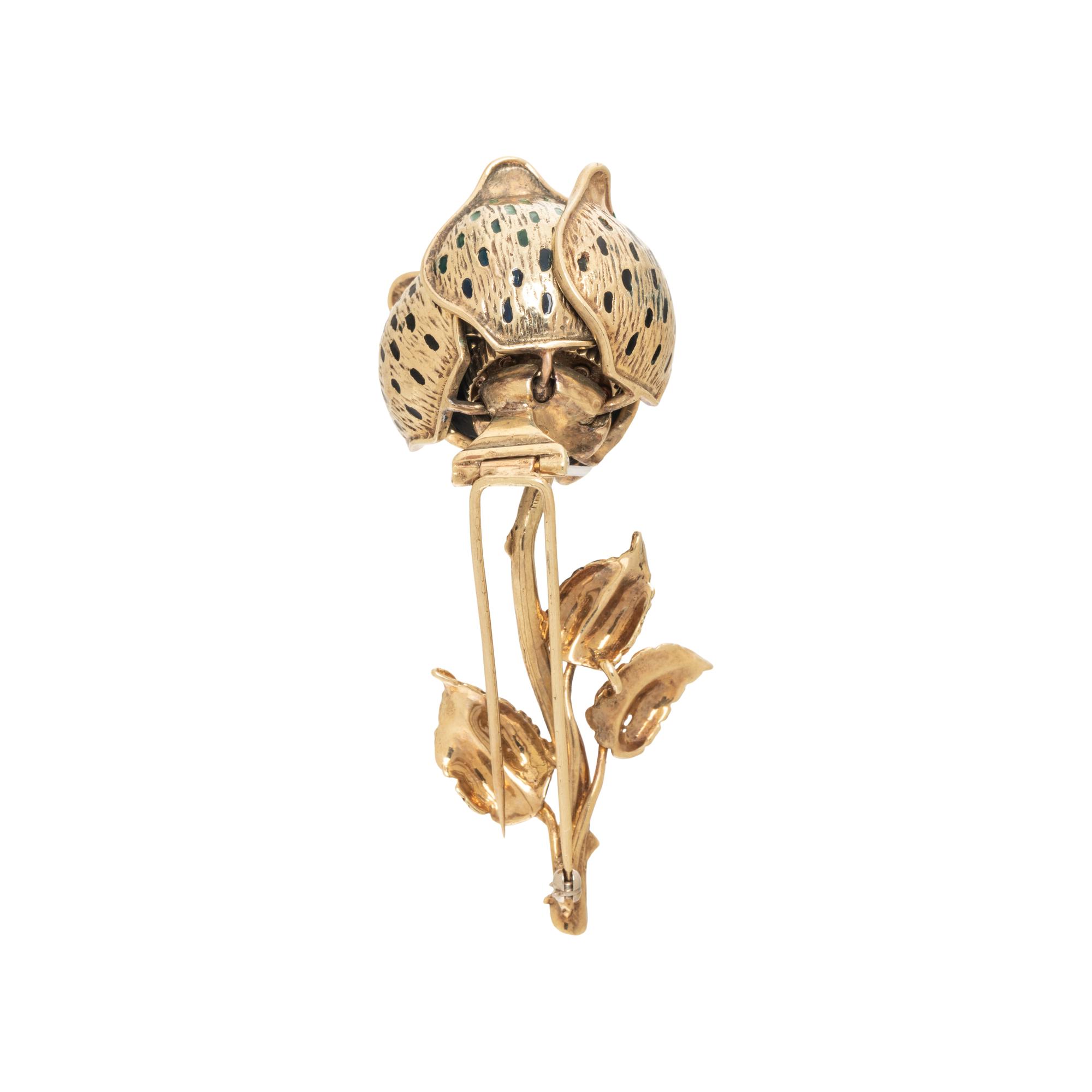 DIAMOND, SAPPHIRE, AND ENAMEL ARTICULATED FLOWER BROOCH