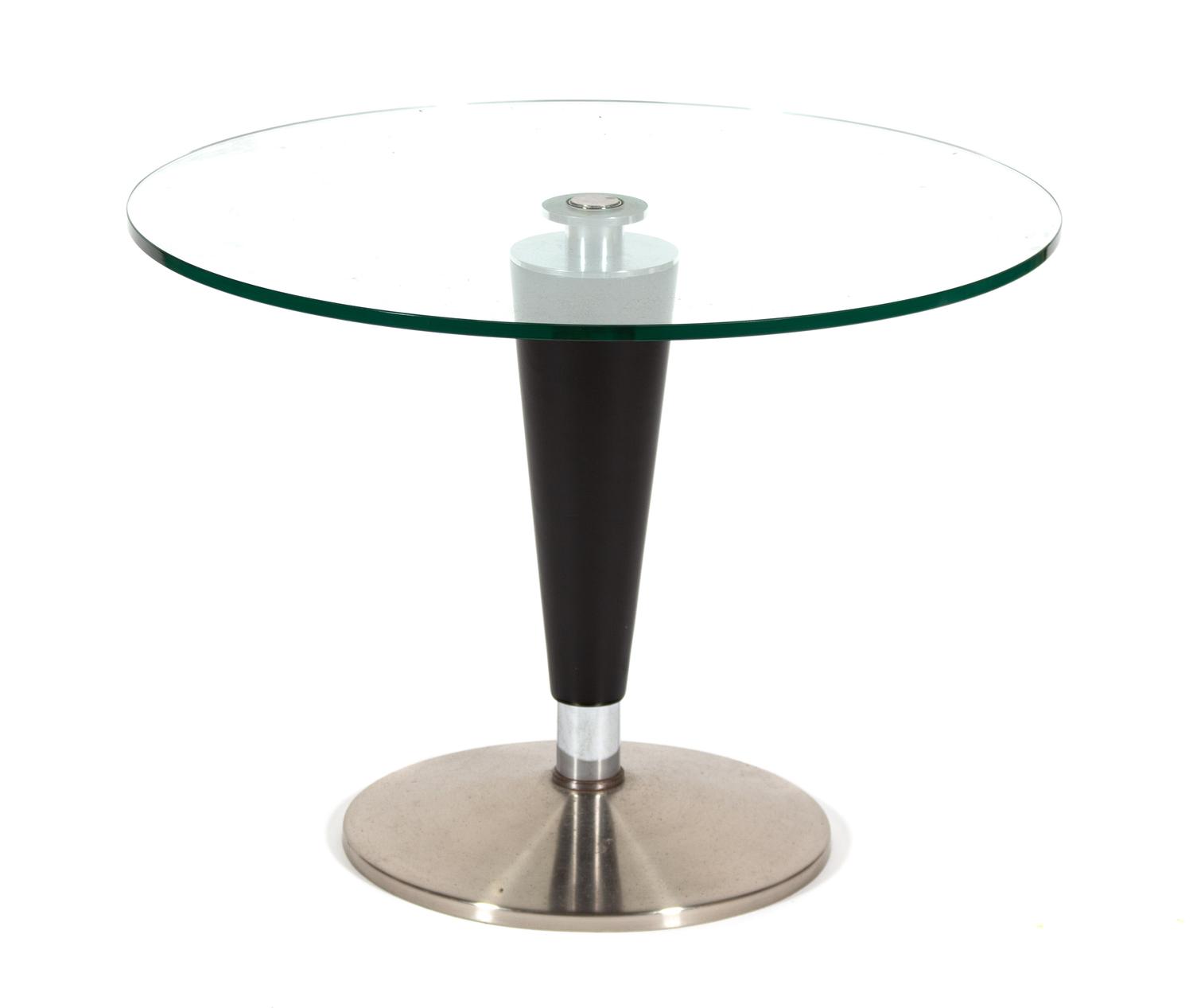 A Contemporary Glass Top Steel Coffee Table Height 20 1/4 x diameter 27 1/2 inches. — 20TH CENTURY