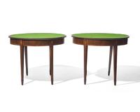 A fine pair of George III inlaid mahogany demilune card tables, circa 1790