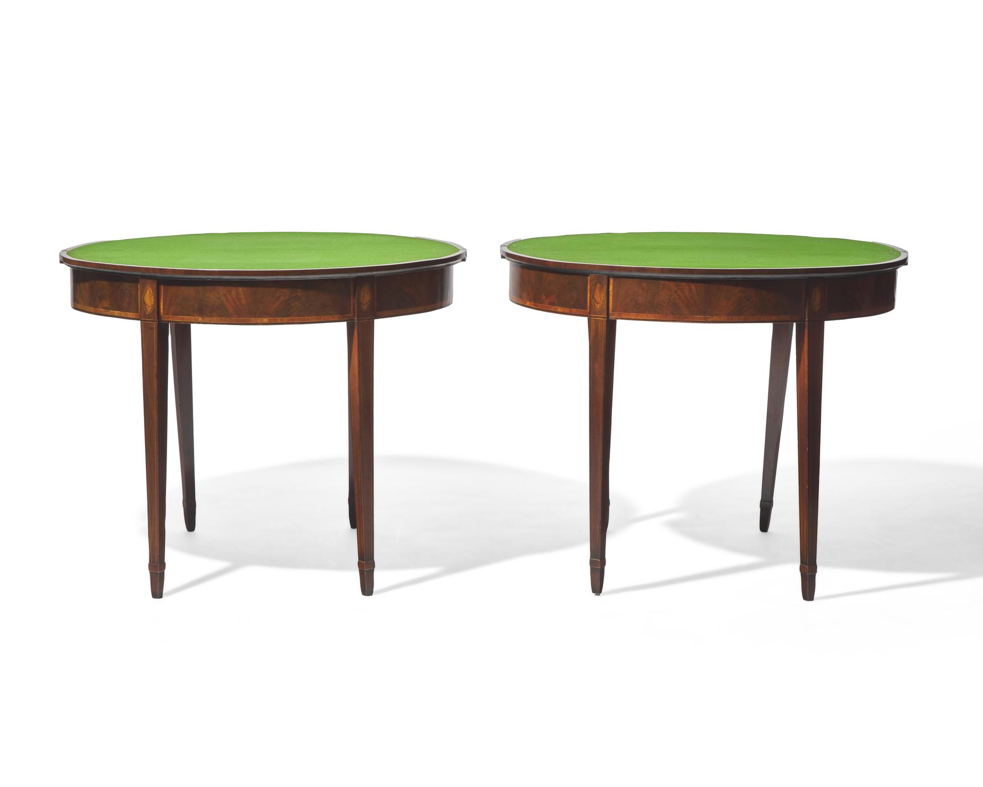 A fine pair of George III inlaid mahogany demilune card tables, circa 1790