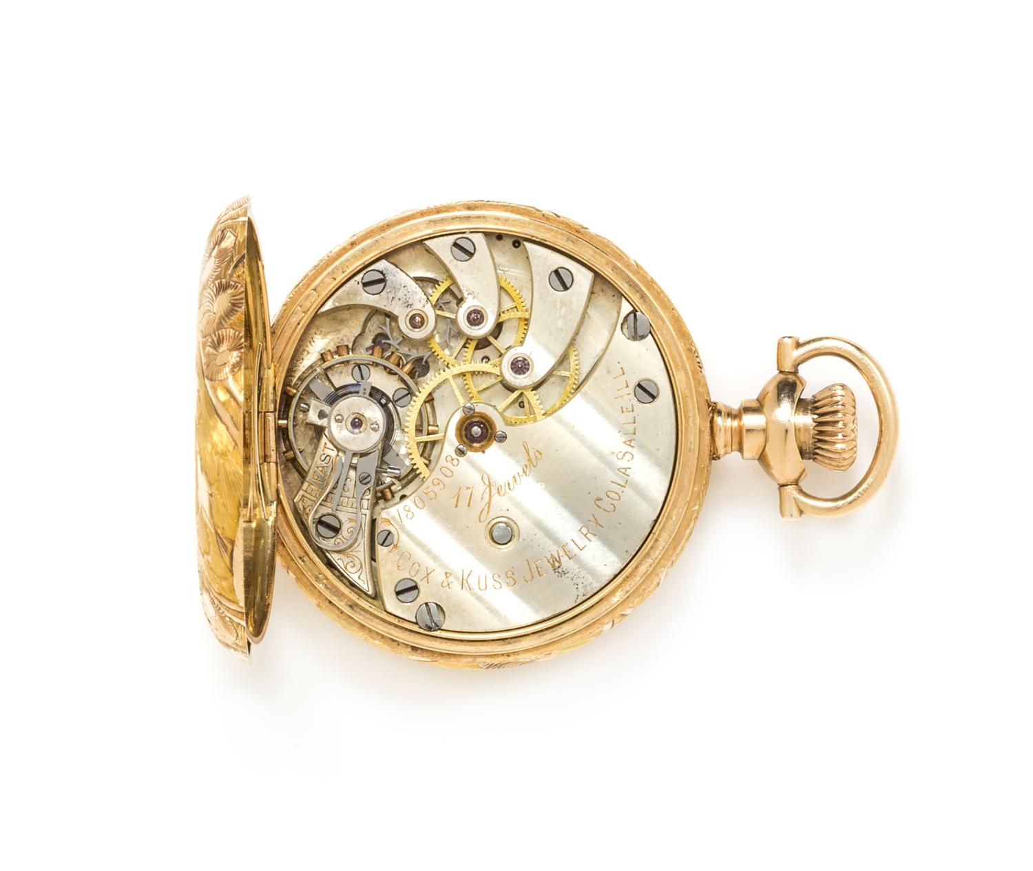 A 14 Karat Yellow Gold Hunter Case Pocket Watch, Cox & Kuss Jewelry Co., 20.05 dwts.