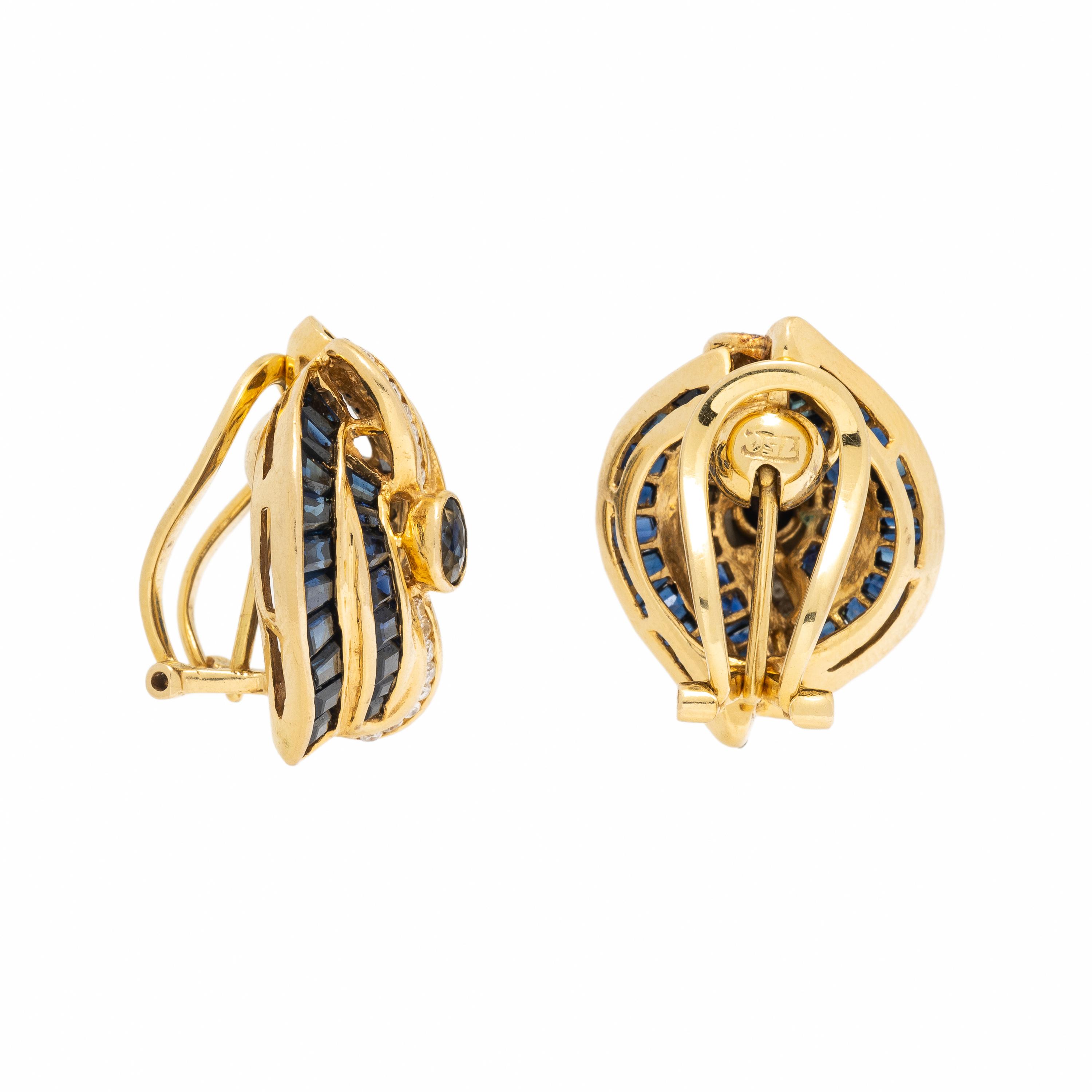 Sapphire, Diamond, and Yellow Gold Earrings
