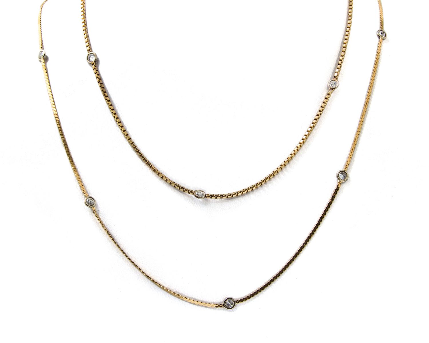 A Collection Yellow Gold and Diamond Station Necklaces, 6.50 dwts.