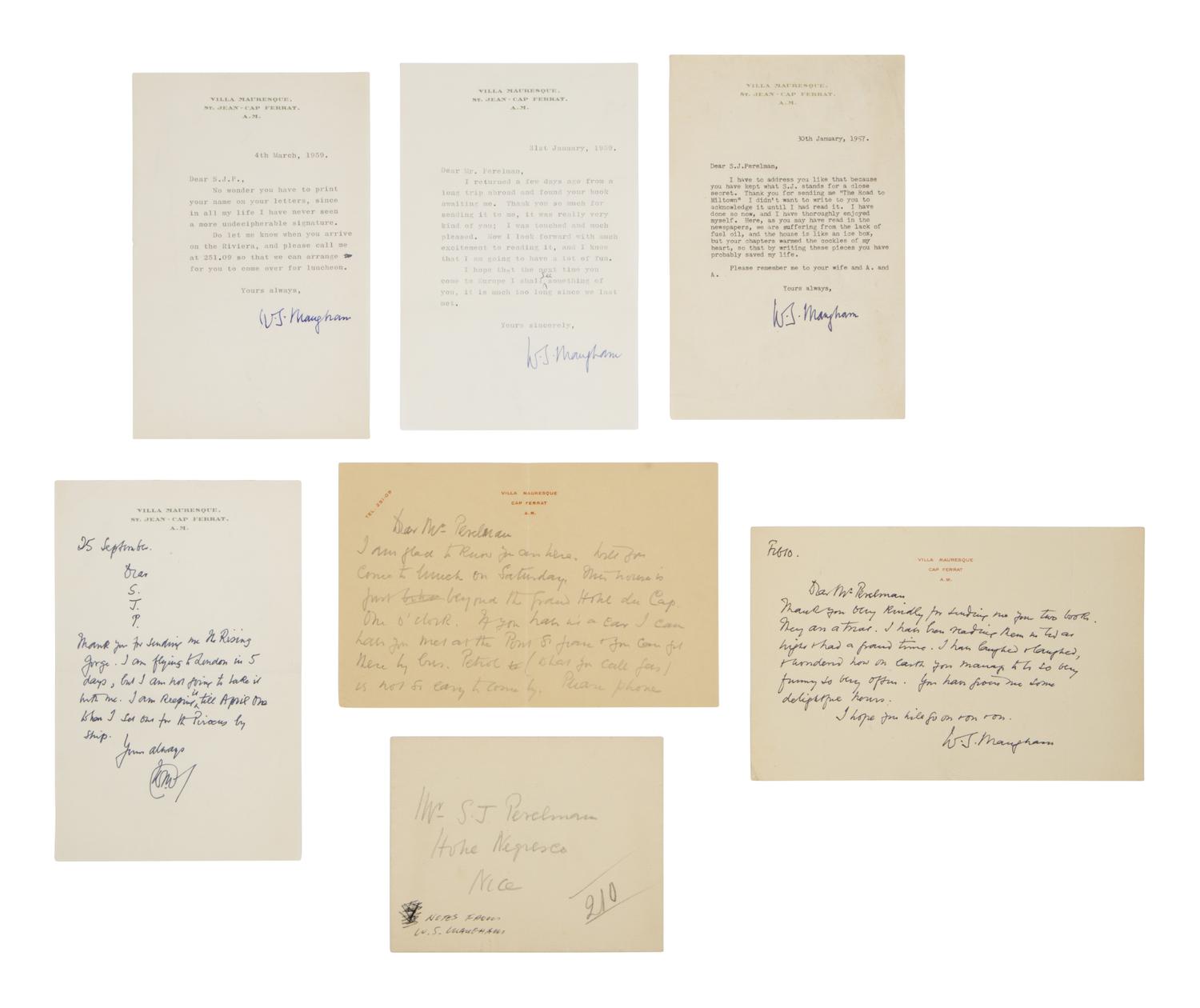 Maugham, W. Somerset (1874-1965). A small archive of letters to Sidney Joseph Perelman, 1950s-60s.