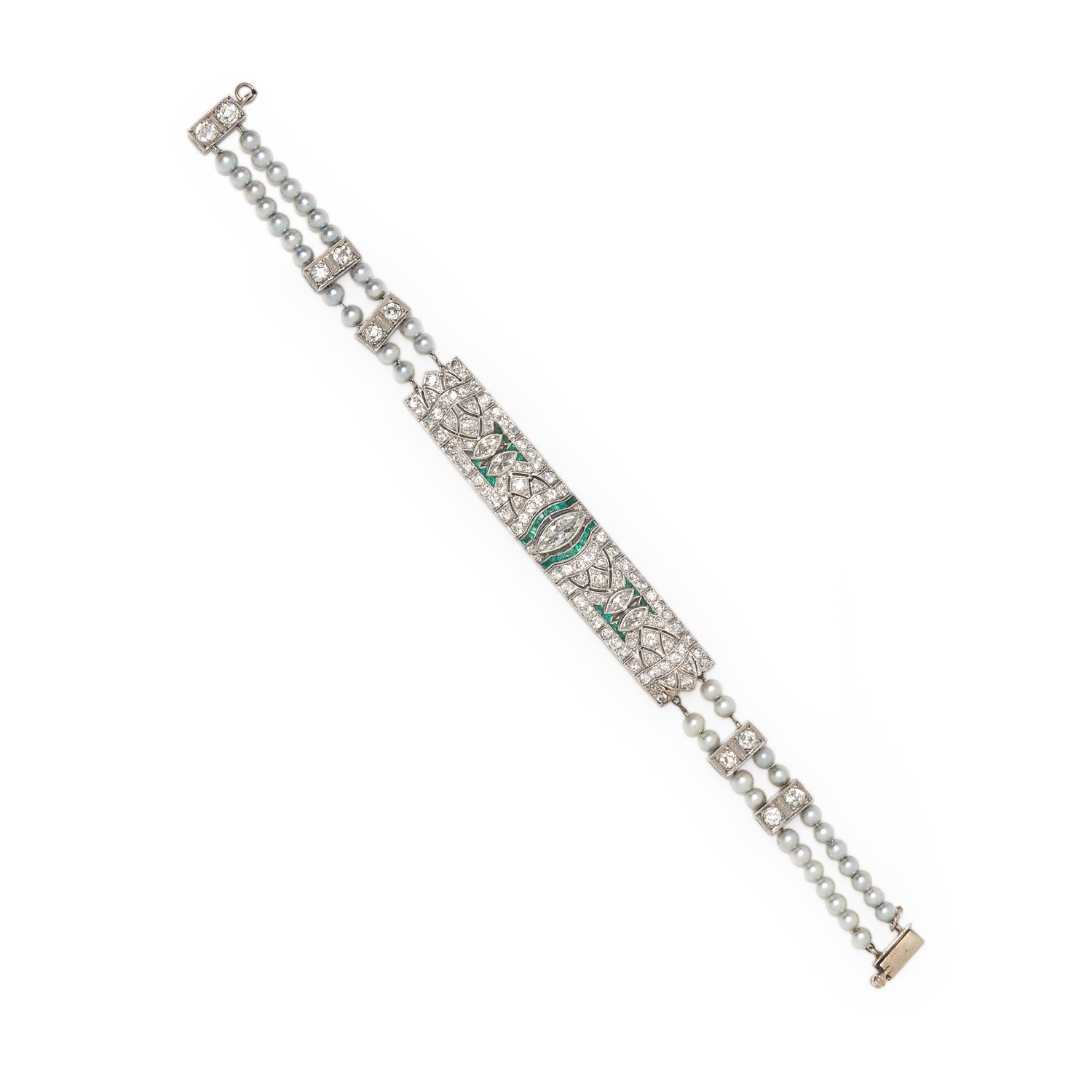PLATINUM, DIAMOND, EMERALD, AND CULTURED PEARL BRACELET