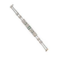 PLATINUM, DIAMOND, EMERALD, AND CULTURED PEARL BRACELET