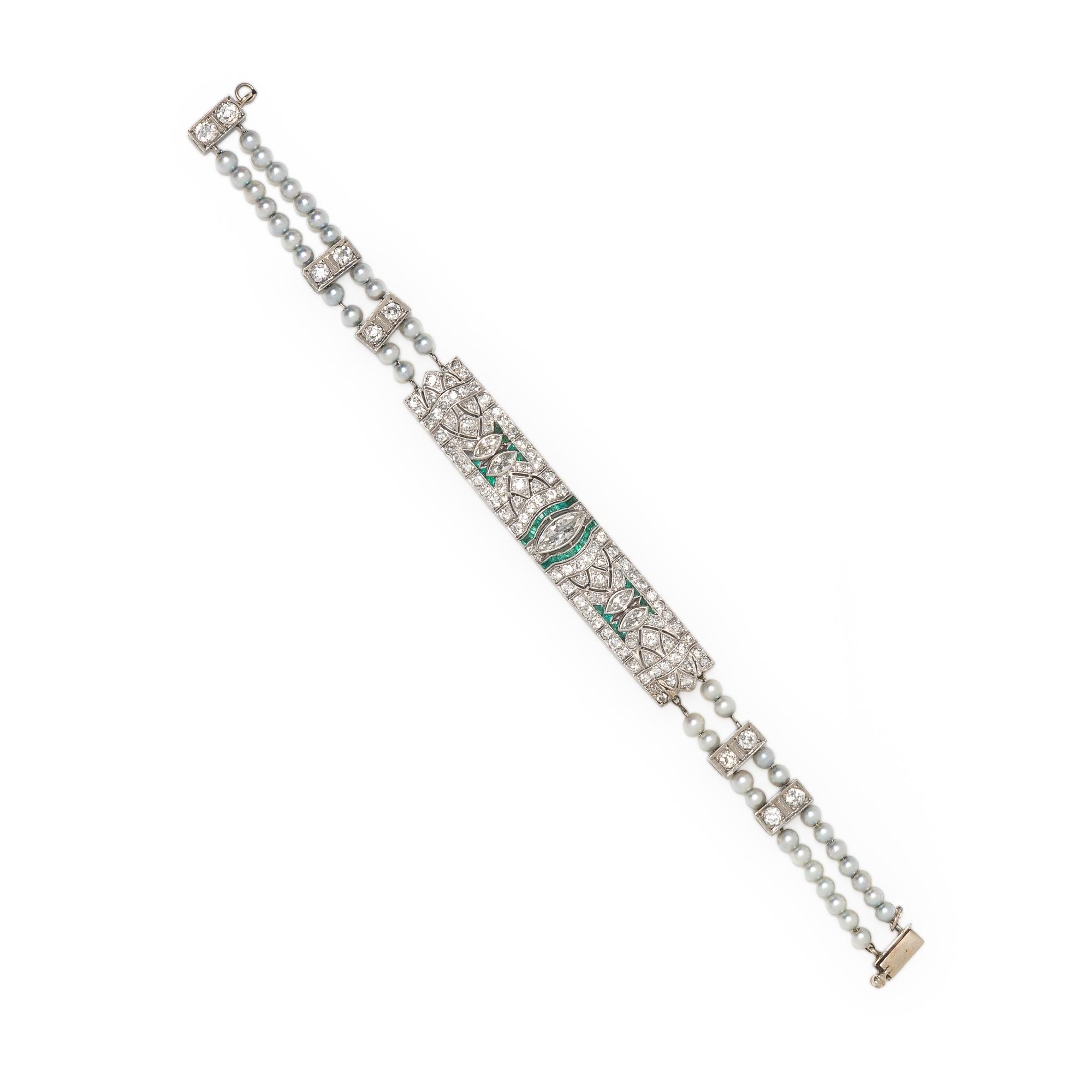 PLATINUM, DIAMOND, EMERALD, AND CULTURED PEARL BRACELET