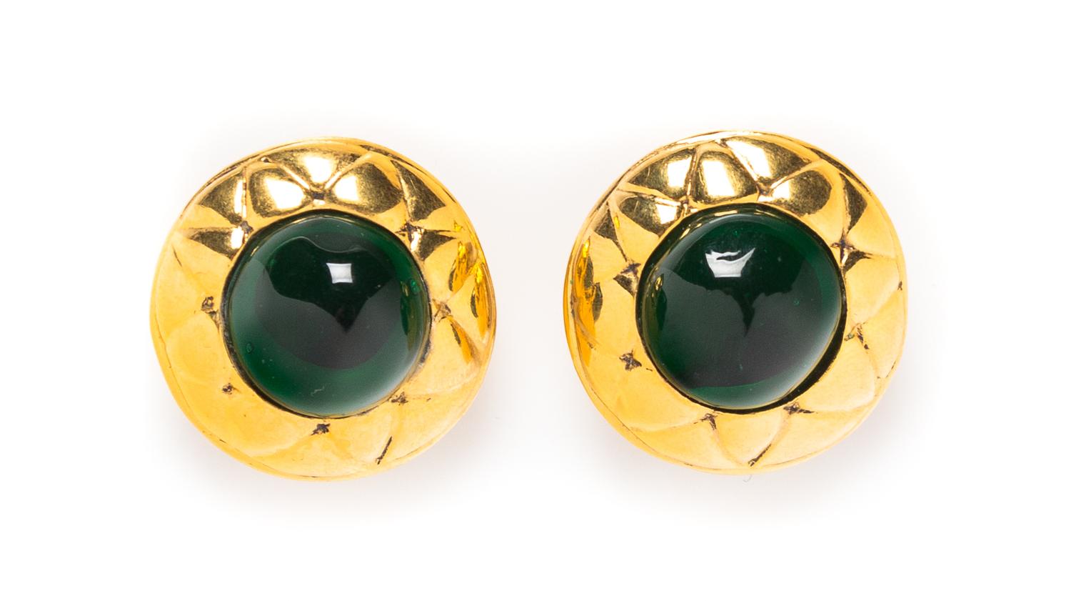 A Pair of Chanel Goldtone and Green Glass Earclips, 1.25".