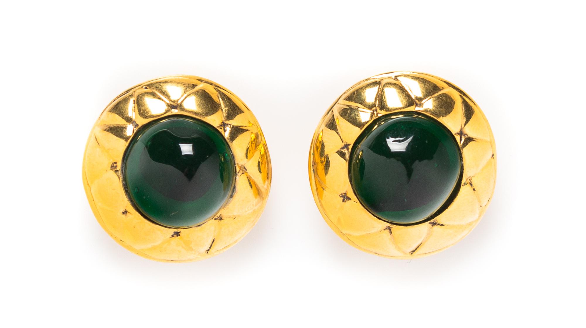 A Pair of Chanel Goldtone and Green Glass Earclips, 1.25".