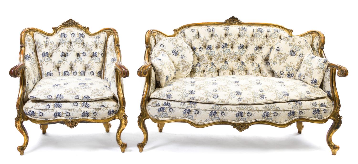 A Louis XV Style Giltwood Parlor Suite, Height of bergere 36 1/2 inches.