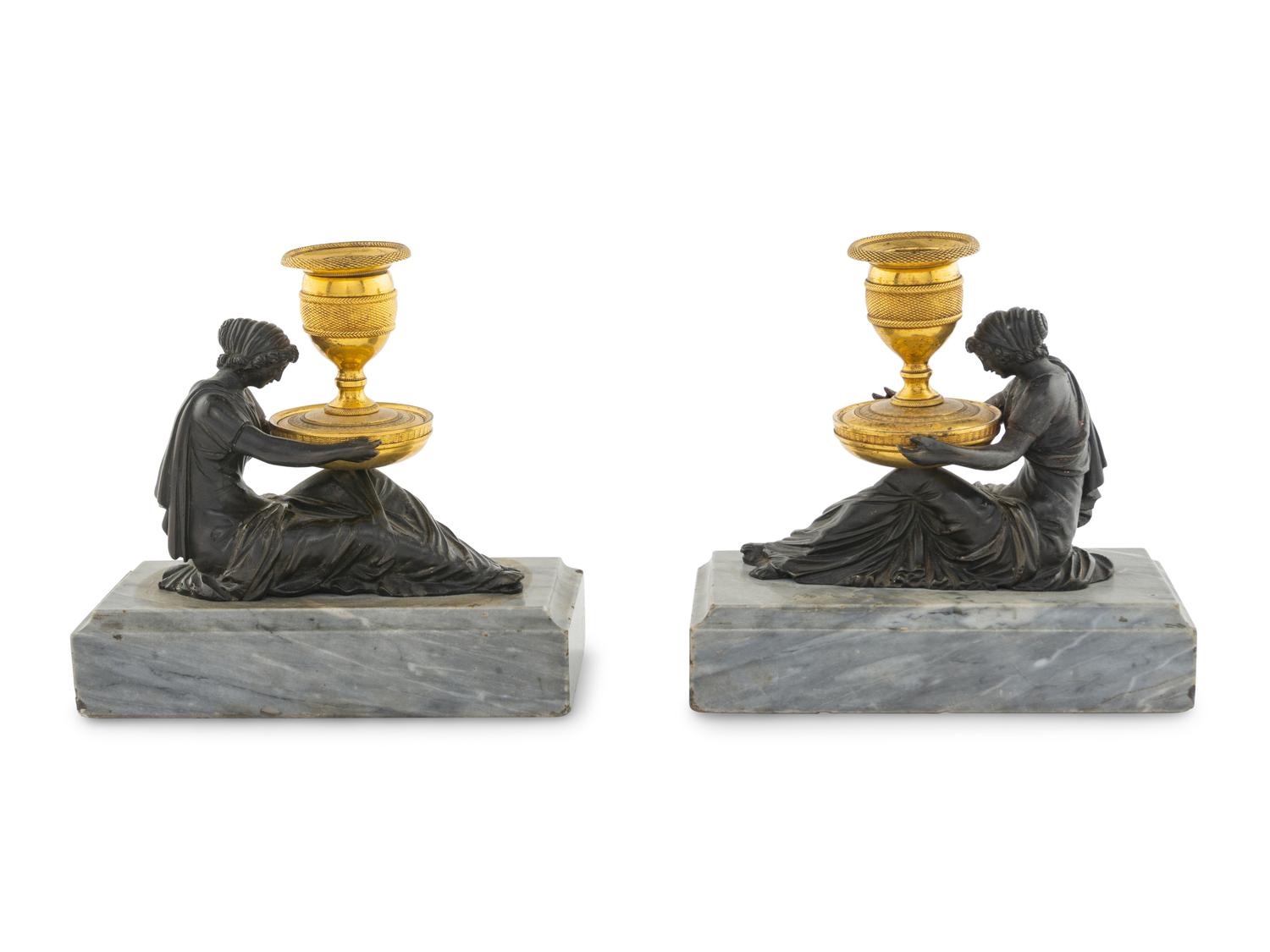 A Pair of Directoire Bronze and Marble Figural Candlesticks