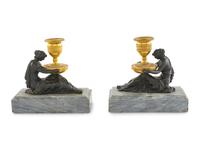 A Pair of Directoire Bronze and Marble Figural Candlesticks