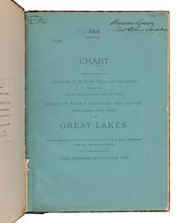 [NATURAL HISTORY]. CROSSMAN, Charles. Chart (25 x 37 inches) showing graphically the fluctuations of the water surface and the rainfall from 1859 to 1888 : line of deepest water, greatest depth, areas of water surfaces and basins, discharge and tides, of the Great Lakes. Compiled from Official Data Obtained from the U. S. Lake Survey . Milwaukee: Privately Printed by the author, 1888.