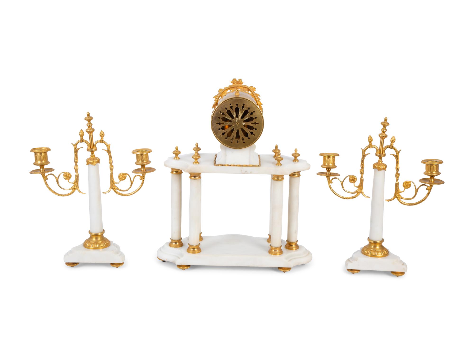 A French Gilt Bronze and White Marble Clock Garniture — 20TH CENTURY